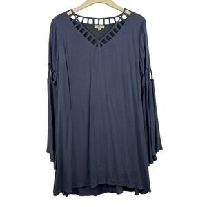 Bohemian Lattice Cut Slate Gray V Neck Bell Sleeved Mini Shift Dress Medium